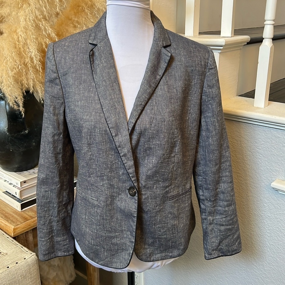 Ann Taylor Blazer Bluish Gray One Button Classic Linen Blend Size 6